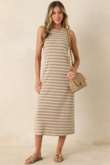 Sunlit Simplicity Taupe Stripe Button Back Midi Dress