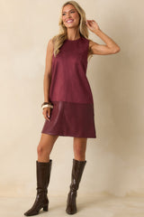Chic Contrast Wine Red Faux Suede & Leather Sleeveless Shift Dress