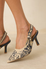 Written In Memories Vintage Navy Blue Multi Embroidered Fabric Slingback Heels