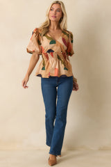 You'll See Why Tan Multi Abstract Print Puff Sleeve Peplum Top