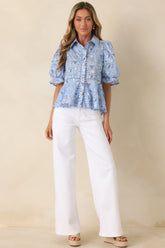 Artful Moment Blue Toile Print Cotton Puff Sleeve Blouse