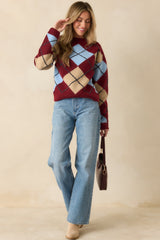 Check Back Later Burgundy Multi Argyle Knit Sweater