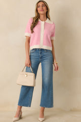 Clubhouse Chic Pink & Ivory Contrast Trim Button-Front Knit Polo Cardigan