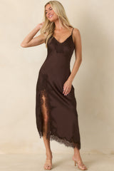 Just Like in the Movies Chocolate Satin Lace Slip Midi Dress
