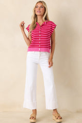 It All Lines Up Red & Pink Stripe Knit Cotton Button Front Top