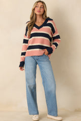 Well Played Navy & Mauve Brushed Knit Striped V-Neck Collared Sweater