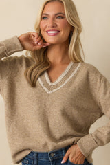 Let's Be Real About It Tan Ribbed Knit V-Neck Sweater