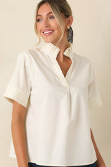 Nicely Done Ivory Cotton Ruffle Collar Blouse