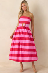 The Amanda Pink & Red Stripe Cotton Strapless Midi Dress