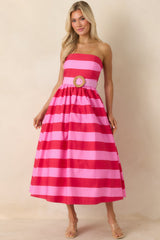 The Amanda Pink & Red Stripe Cotton Strapless Midi Dress