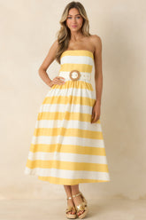 The Amanda Yellow & White Stripe Cotton Strapless Midi Dress