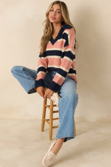 Well Played Navy & Mauve Brushed Knit Striped V-Neck Collared Sweater