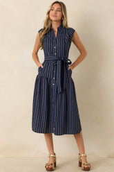 Always On Course Navy Striped Button Front Midi Dress