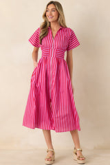 Put It in Motion Pink & Red Stripe Cotton Midi Dress