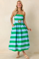 The Amanda Green & Light Blue Stripe Cotton Strapless Midi Dress