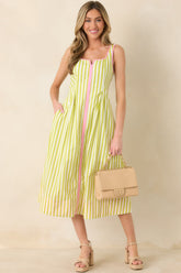All Smiles Green & Pink Stripe Cotton Midi Dress