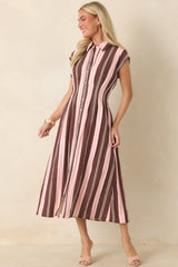 Coffee & Conversation Brown & Pink Stripe Midi Shirt Dress