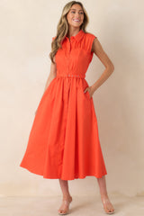 Hello Gorgeous Orange Cotton Belted Sleeveless Midi Dress