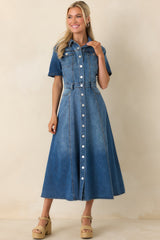 The Right Impression Medium Wash Cotton Denim Midi Dress