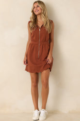Zip Through the Day Rust Zip Front Scalloped Hem Mini Dress
