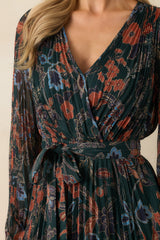 The One You Want Dark Green Multi Floral Pattern Pleated Maxi Dress