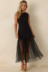 Dancing After Dark Black Swiss Dot Mesh Hem Midi Dress