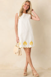 Golden Coastlines White & Yellow Embroidered Scalloped Cotton Mini Dress
