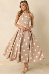 Made For Twirling Taupe Polka Dot Halter Maxi Dress