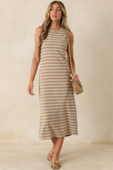 Sunlit Simplicity Taupe Stripe Button Back Midi Dress
