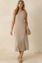 Sunlit Simplicity Taupe Stripe Button Back Midi Dress