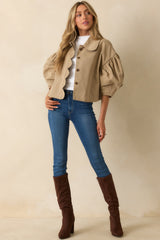 For the Frill of It Taupe Scalloped Puff Sleeve Jacket