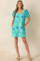 Coastal Rhythm Teal Palm Embroidered Cotton Puff Sleeve Mini Dress