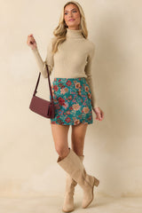 Pretty Please Teal Green Floral Print Mini Skirt