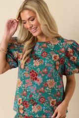 Pretty Please Teal Green Multi Floral Print Puff Sleeve Top