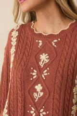 Guess Again Terracotta Cable Knit Floral Embroidered Scallop Hem Sweater
