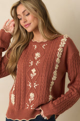 Guess Again Terracotta Cable Knit Floral Embroidered Scallop Hem Sweater