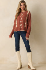 Guess Again Terracotta Cable Knit Floral Embroidered Scallop Hem Sweater