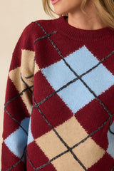 Check Back Later Burgundy Multi Argyle Knit Sweater