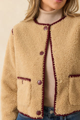 Bound to Be Cozy Beige & Burgundy Contrast Stitch Sherpa Jacket