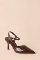 From Here To There Brown Patent Faux Leather Ankle Strap Heels