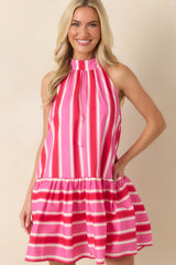 Made for Fireworks Red & Pink Stripe Cotton Halter Tiered Mini Dress