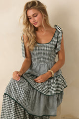 Garden Party Plans Hunter Green Gingham Tiered Midi Dress
