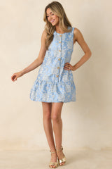 Something About Her Blue Metallic Floral Jacquard Button Front Mini Dress