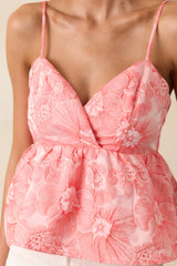 Sunlit Stroll Pink Coral Floral Jacquard Peplum Top
