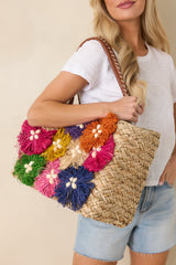 Fiesta Flora Natural Multi Floral Raffia Straw Tote