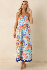 Passport to Paradise Coral Orange & Blue Poolside Print Maxi Dress