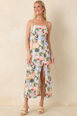 Sipping Under the Palms Multi Tropical Print Bead Detail Midi Dress