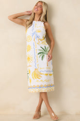 Paradisa Breakers White Multi Linen Blend Tropical Print Midi Dress