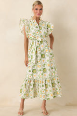 Somewhere Sunny Green Multi Cotton Ruffle Maxi Dress