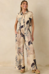 Take Me Somewhere Beige Multi Tropical Open Back Jumpsuit